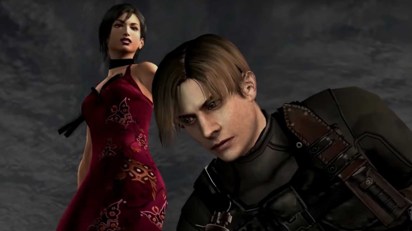 Ada Wong in a red dress, pointing a gun at Leon Kennedy in Resident Evil 4.