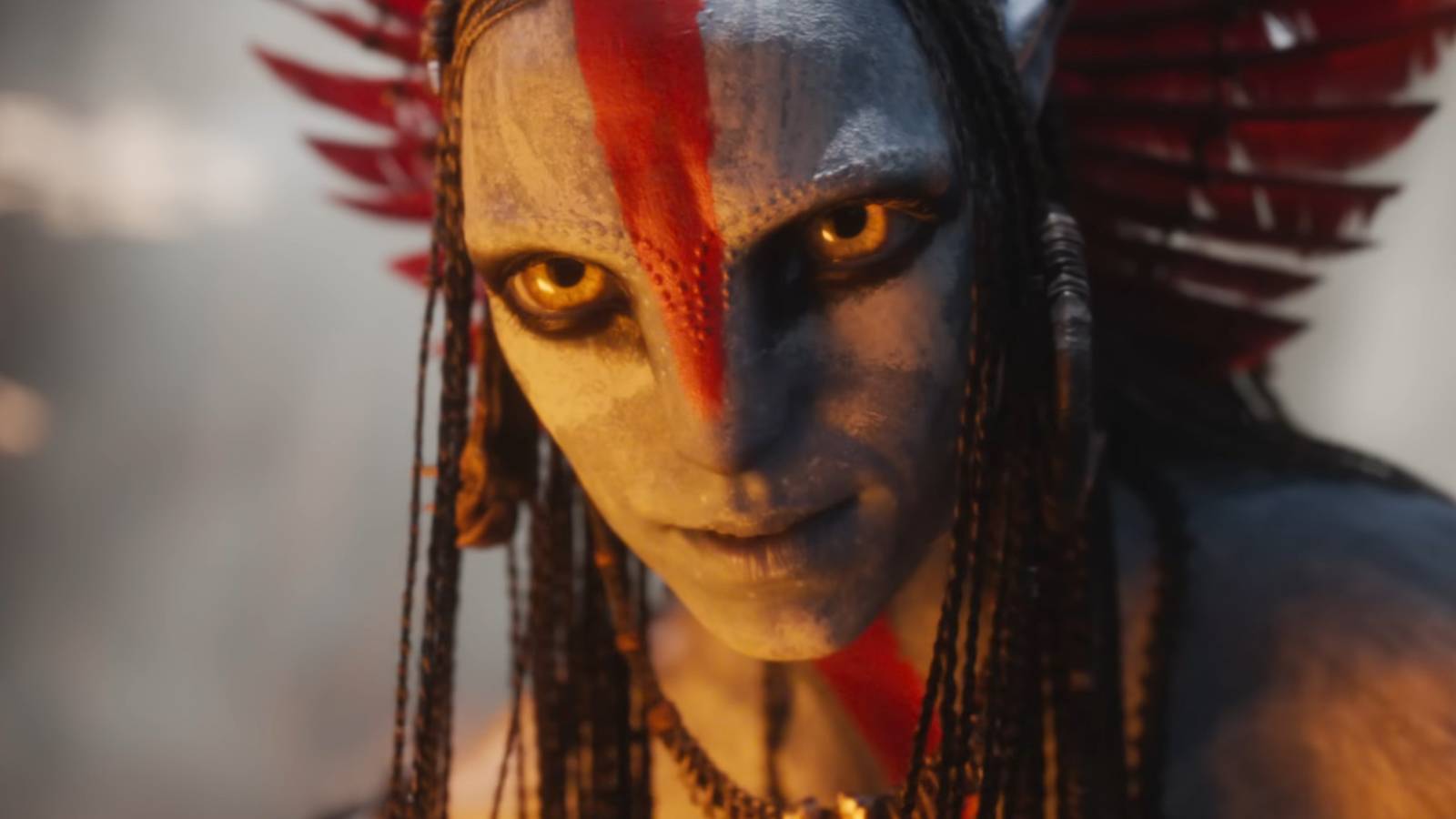An Avatar character with red face paint and long hair.