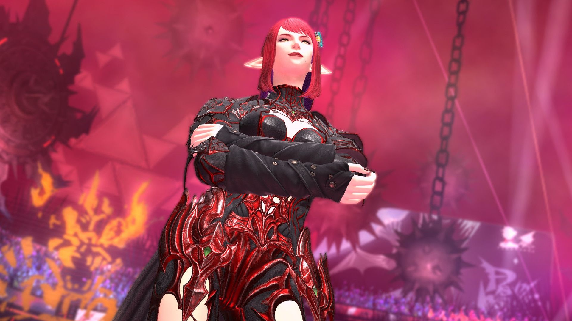 An elf in red and black armor