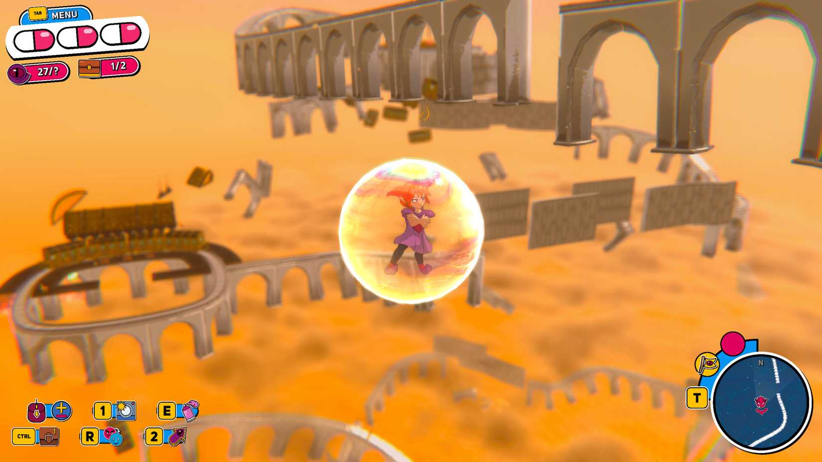 Beebz floating in a bubble in Demon Tides.