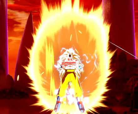 Daima Goku transforming into Super Saiyan 3 in a mod for Dragon Ball: Sparking Zero.