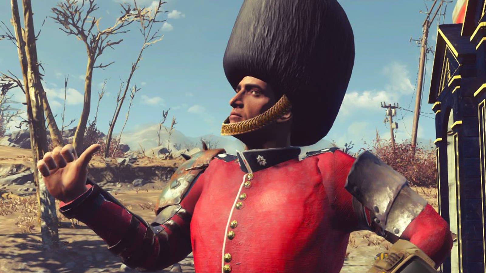 Fallout London queensguard pointing at himself.