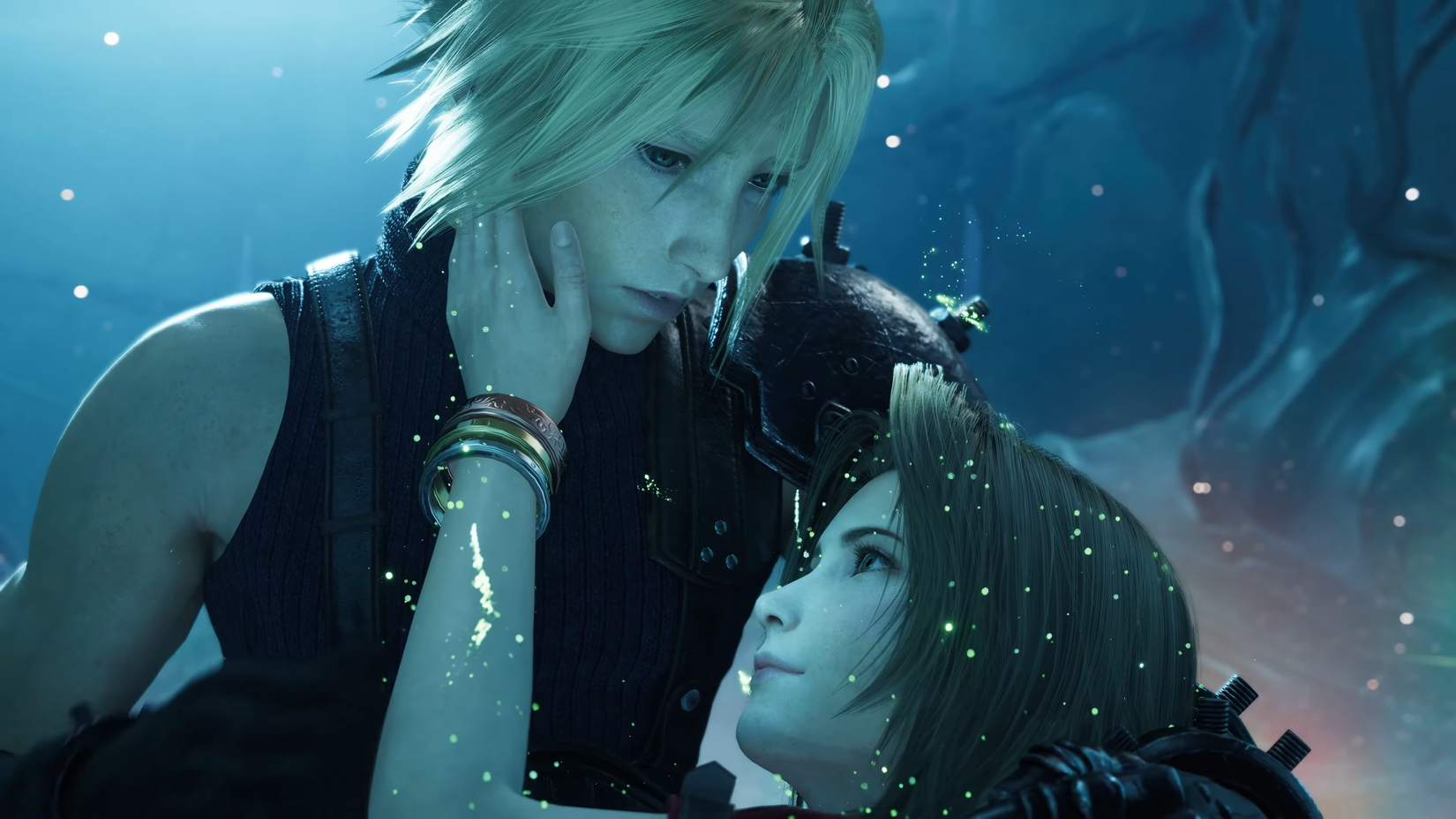 Cloud holding Aerith in Final Fantasy 7 Rebirth.