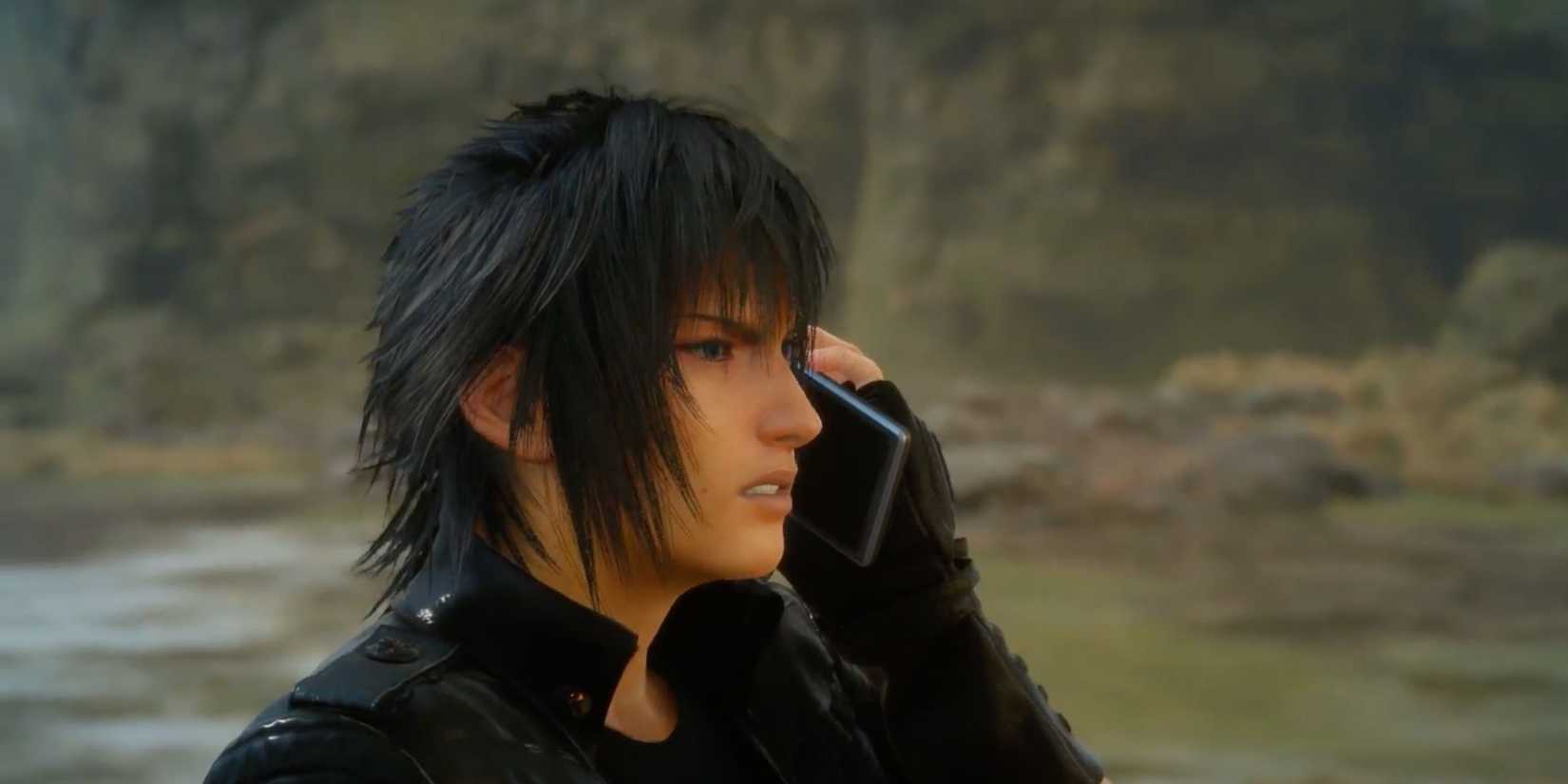 Noctis looks angry while talking on the phone in Final Fantasy 15.