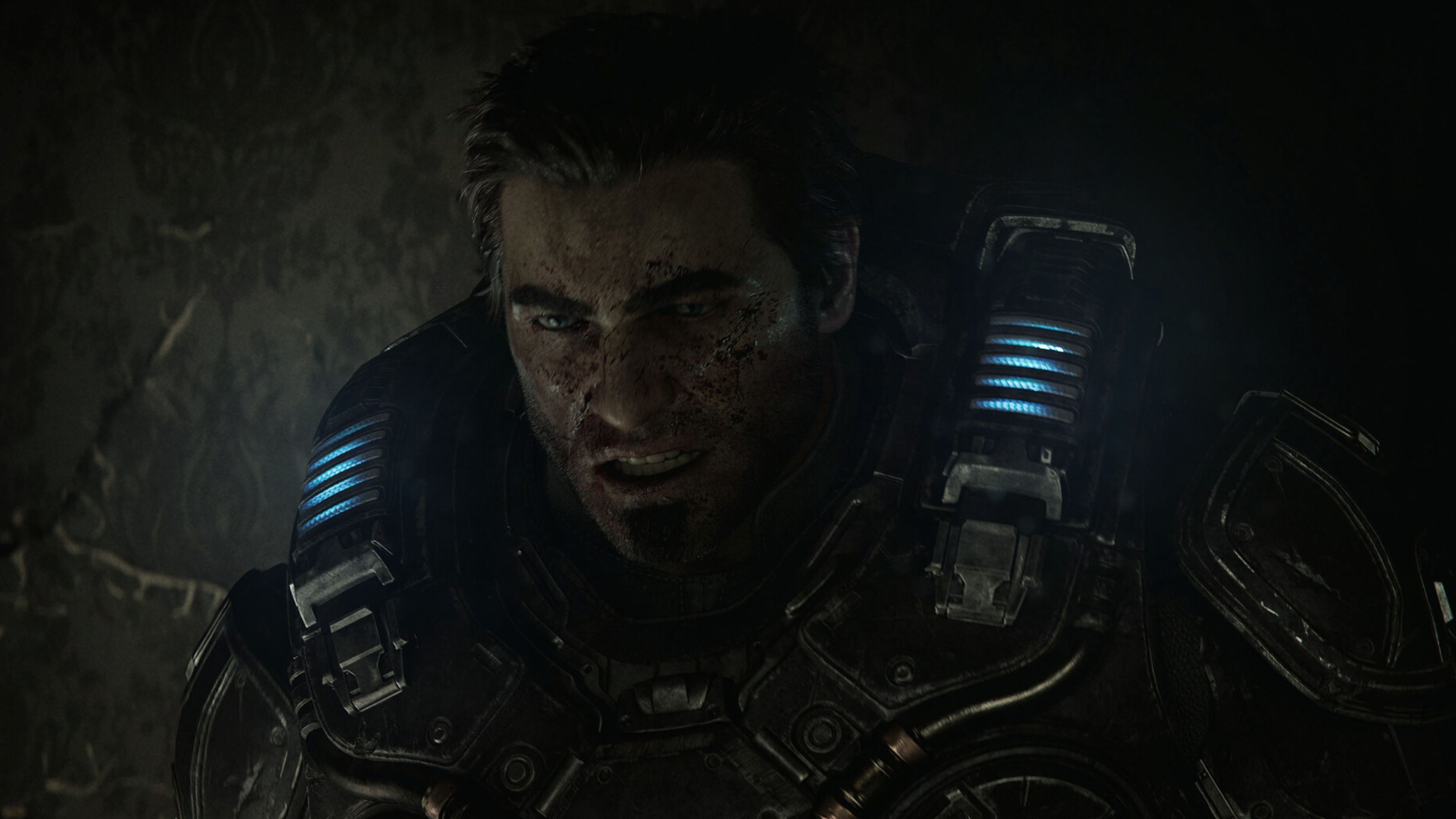 Marcus from Gears of War E Day with a bloodied face.