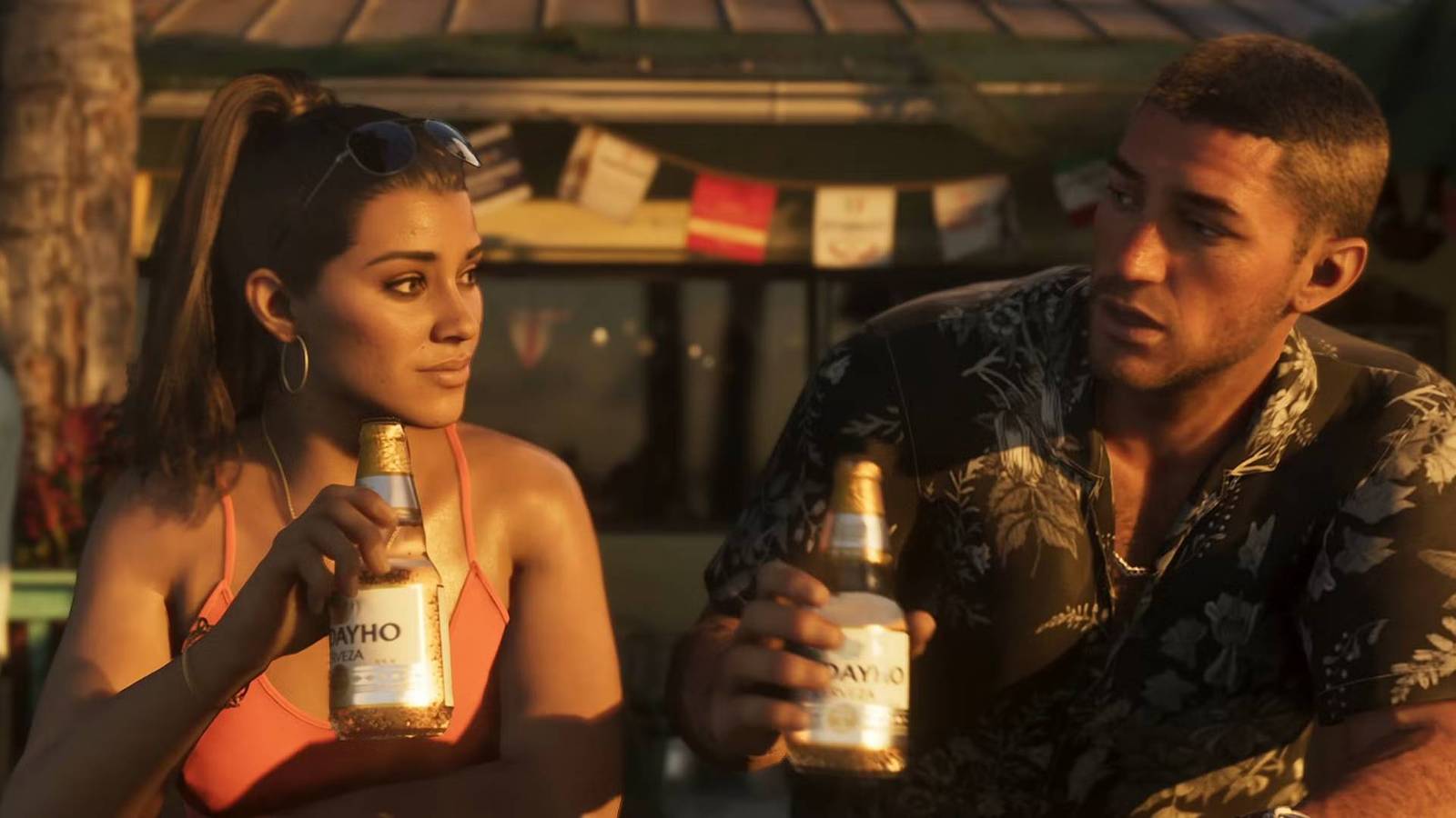 Lucia and Jason drinking beer at a bar in GTA 6.