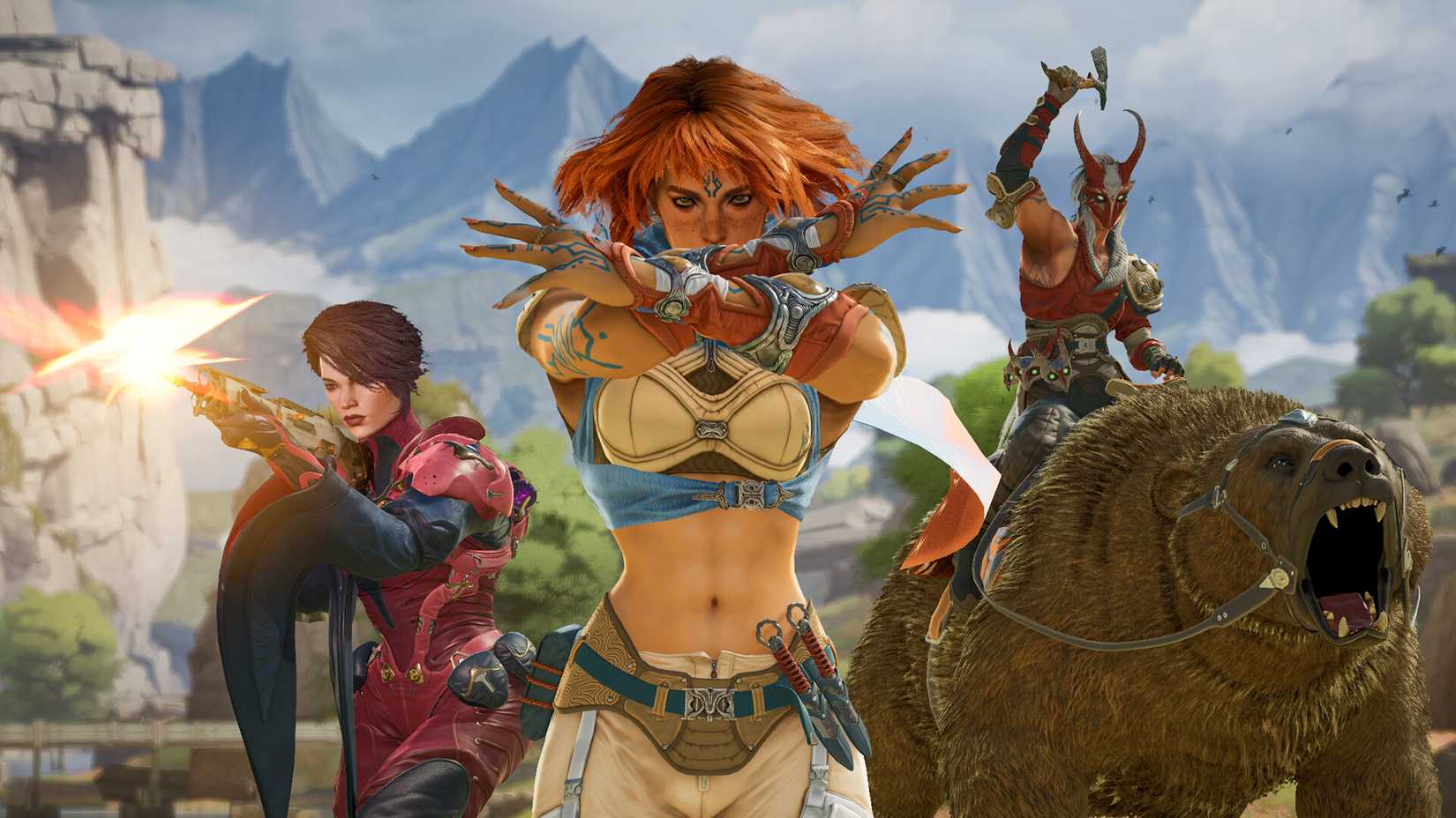 Highguard characters, including a bear