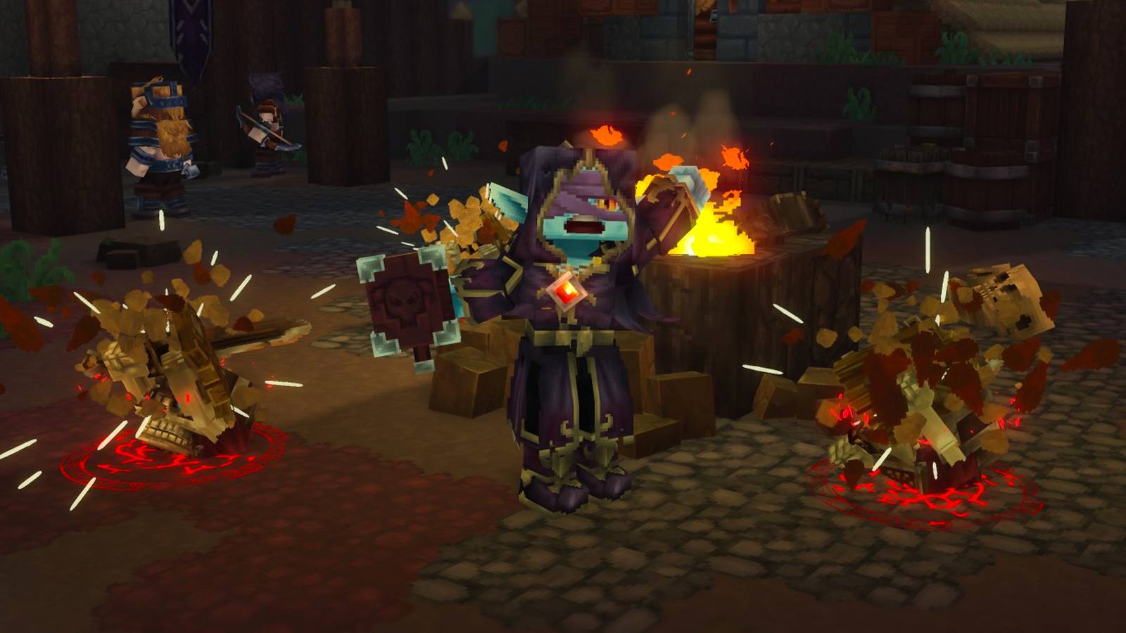 Hytale player in purple robes summoning skeletons from their necromancy grimoire.