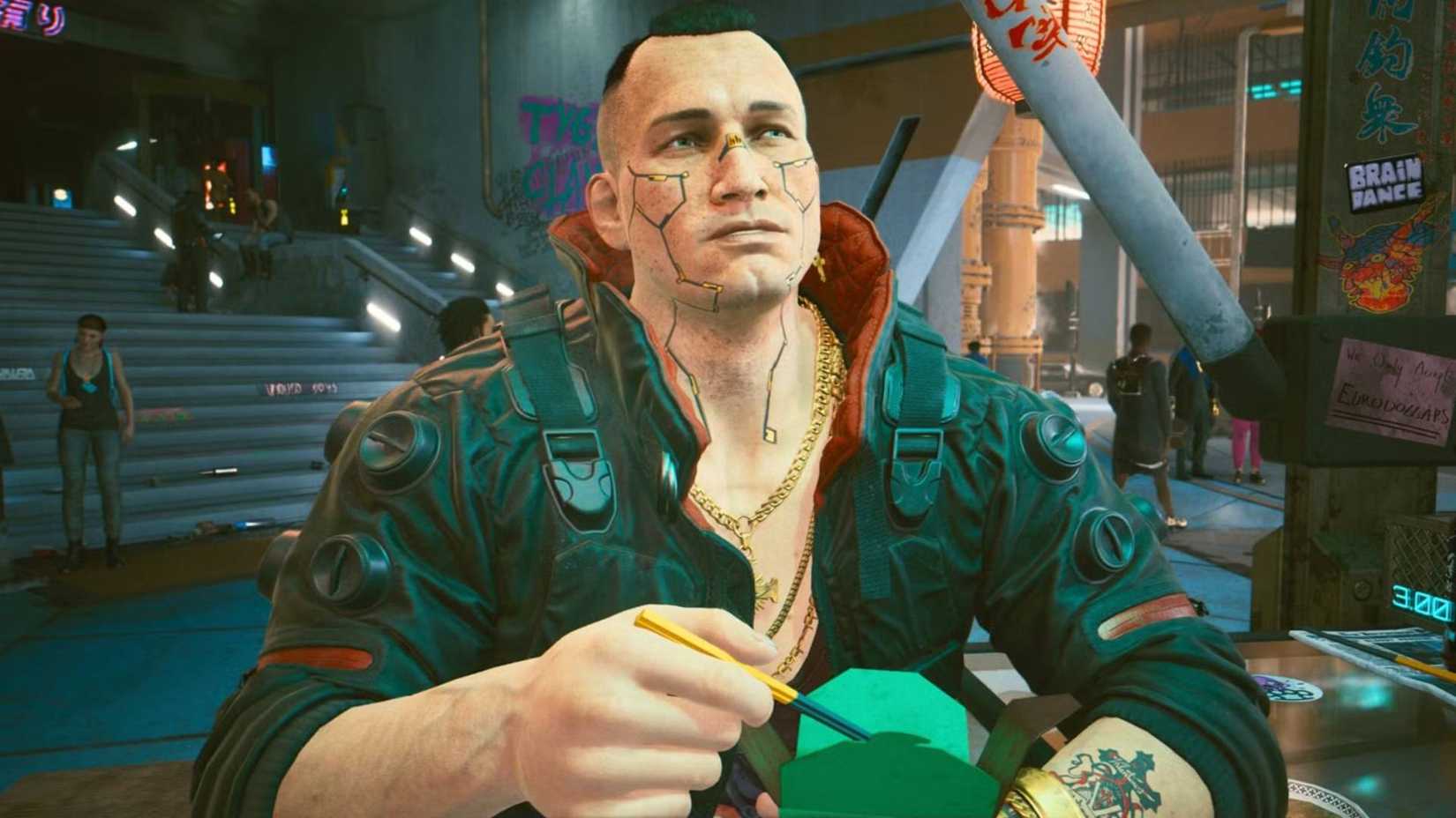 Jackie eating ramen in Cyberpunk 2077.