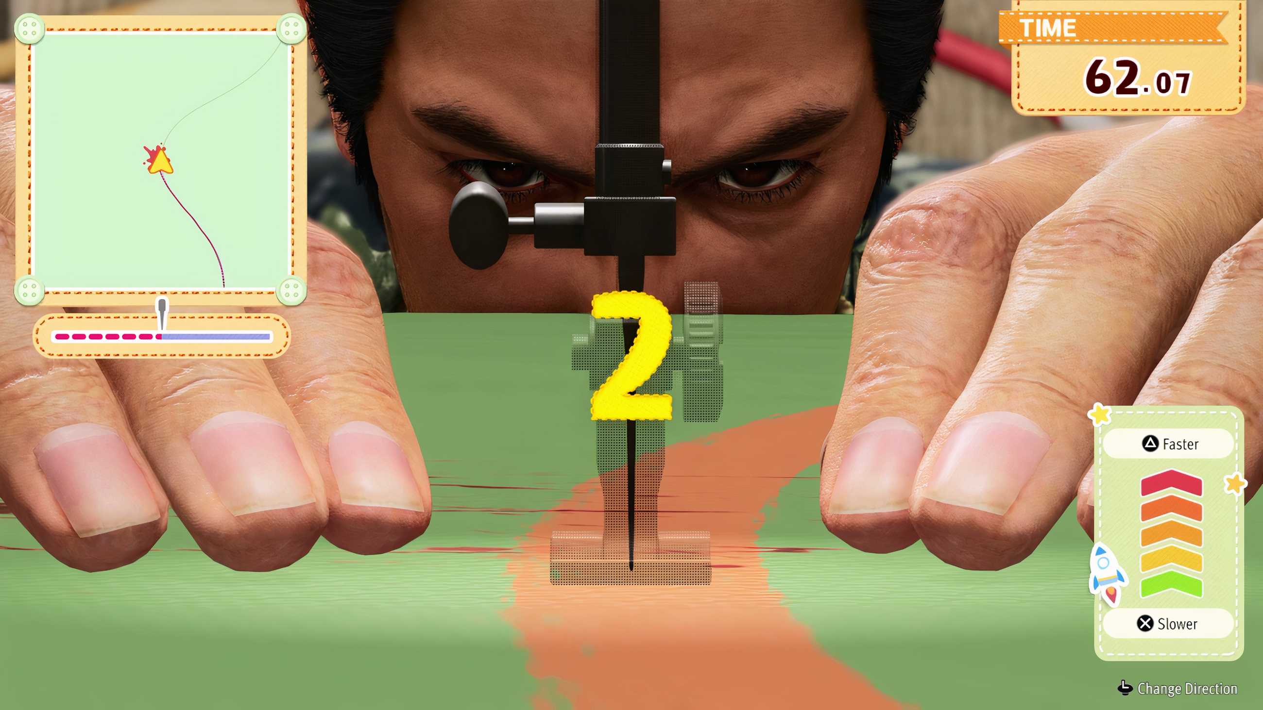 Kiryu sewing in Yakuza Kiwami 3.