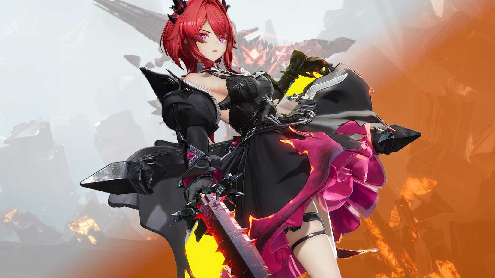 Arknights: Endfield मा सेतो र सुन्तला पृष्ठभूमि विरुद्ध Laevatain चरित्र।