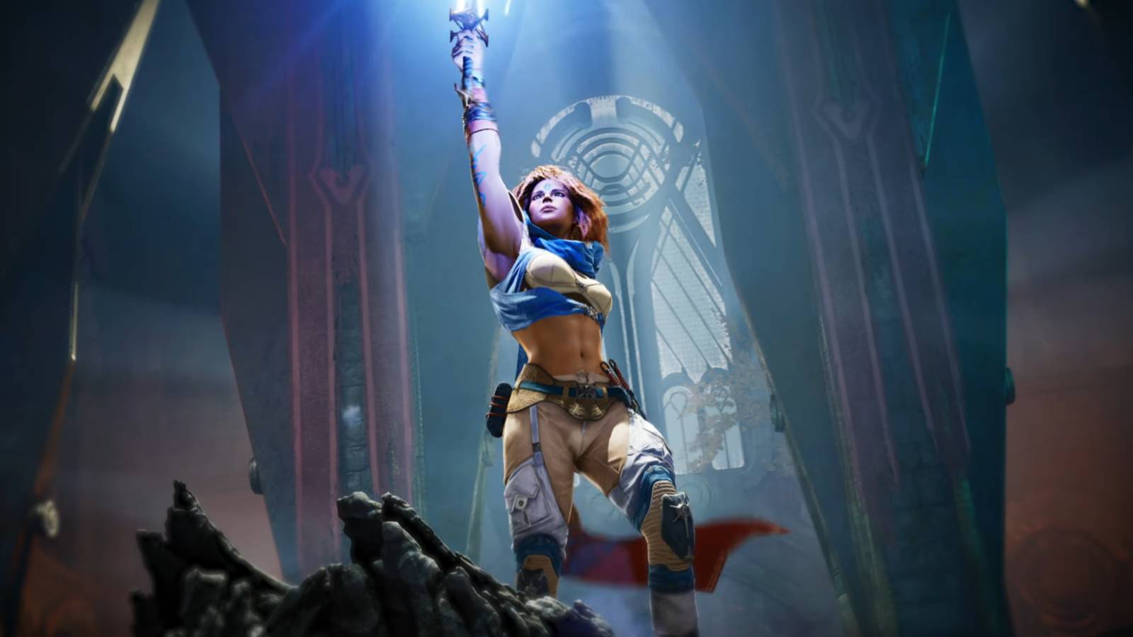 highguard character holding up a light sword.