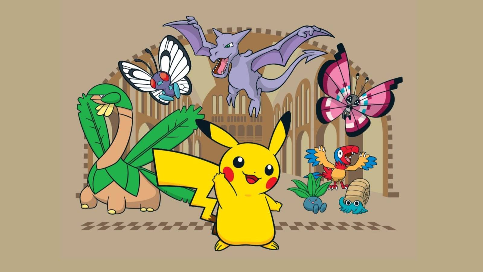 pokemon in front of a national history museum silhouette.