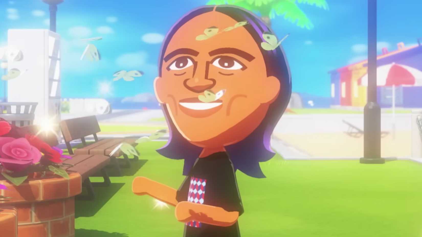 butterflies flying in front of a smiling tomodachi life character.