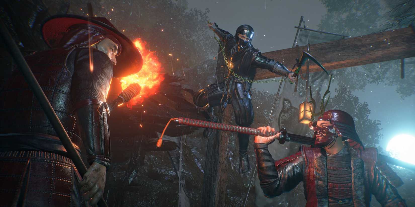 A ninja in Nioh 3 jumping on an enemy.