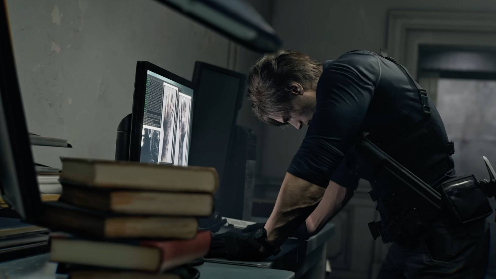 Leon hunched over a desk in Resident Evil Requiem.