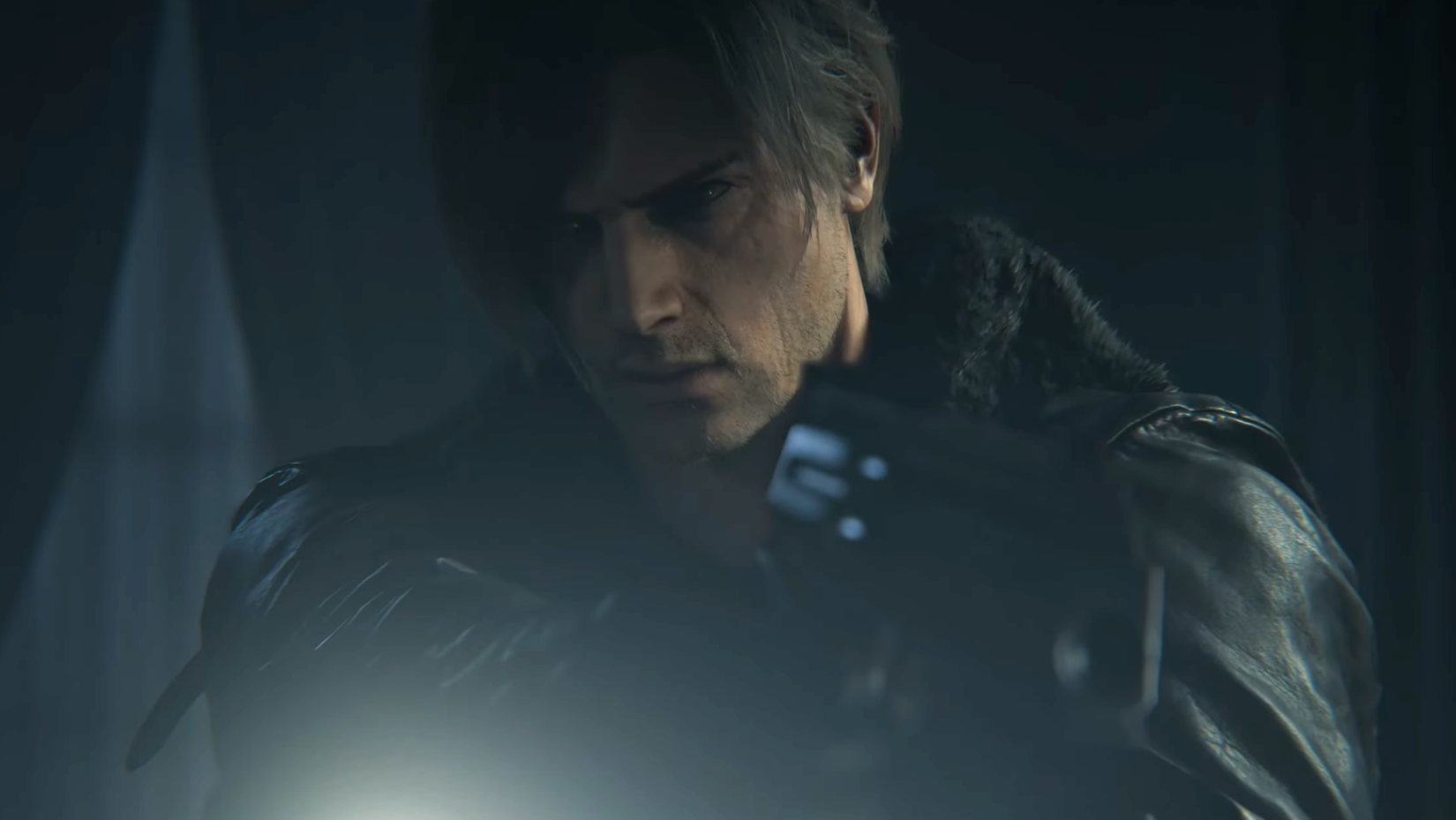 Leon Kennedy aims a gun in Resident Evil Requiem. 