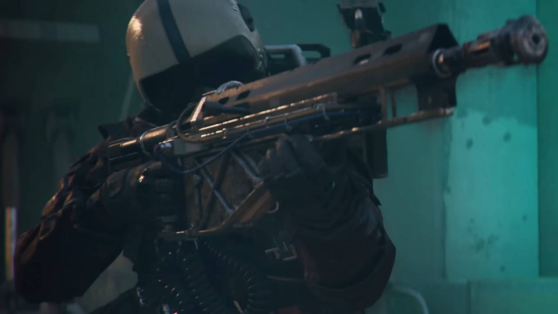 A raider in a helmet pointing a rifle in Arc Raiders.