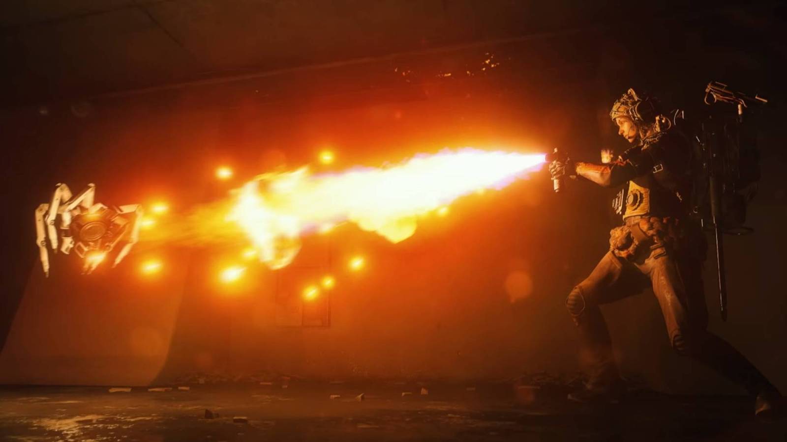 A raider uses a flame trower on a jumping Acr in Arc Raiders.