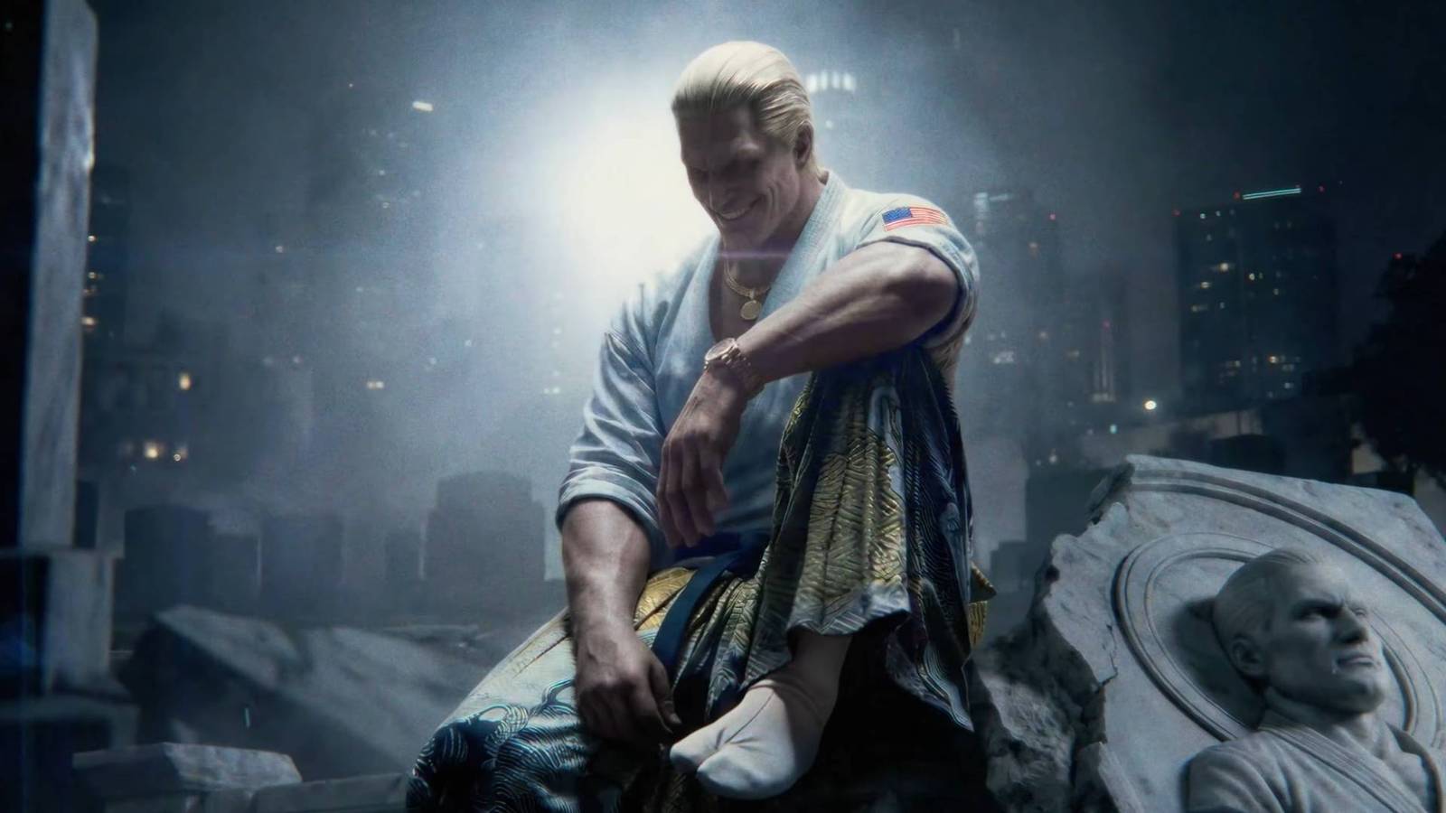 Nightmare Geese sitting on his own tomb and smiling in Fatal Fury: City of The Wolves.