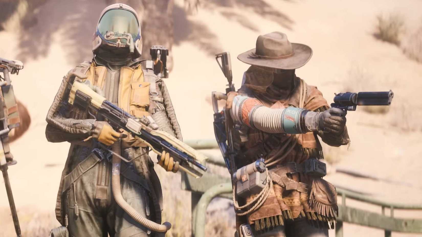 In Arc Raiders, two raiders wander above.