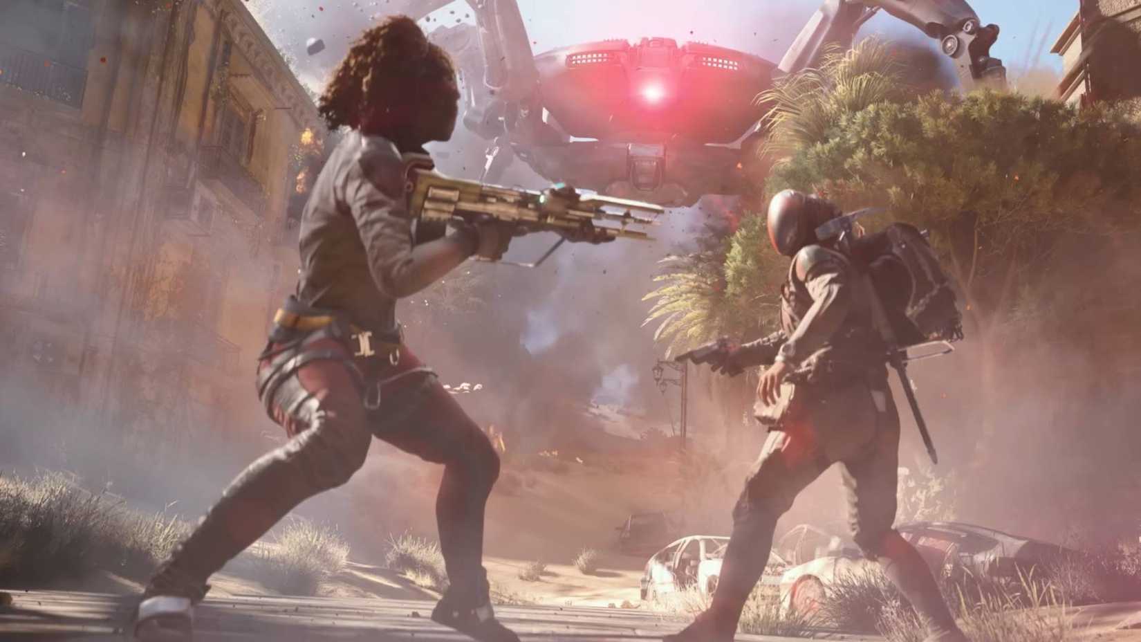 Two raiders in a standoff with an Arc Queen in the background in Arc Raiders.