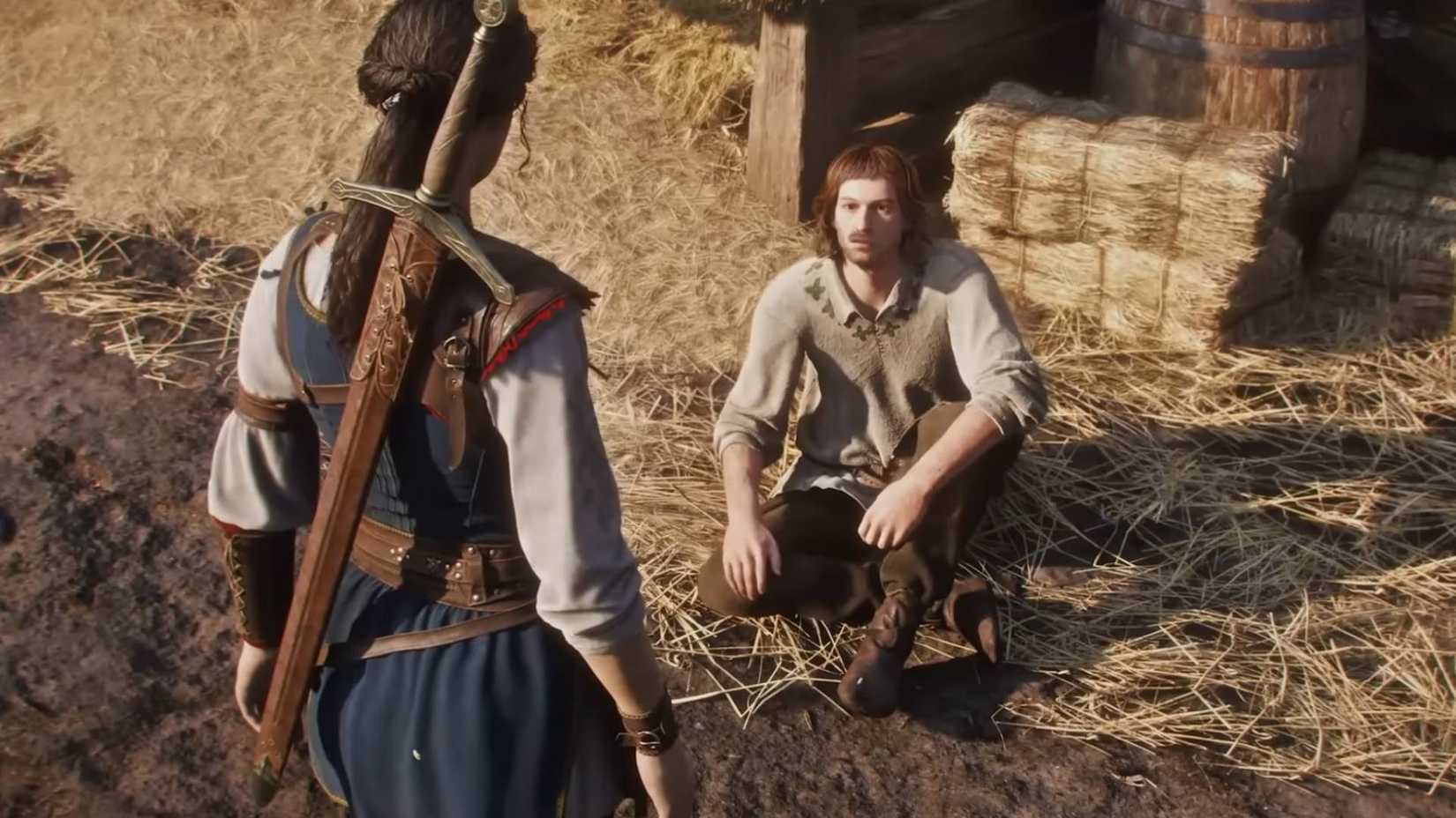 The protagonist talking to a homless person sitting on hay in Fable.