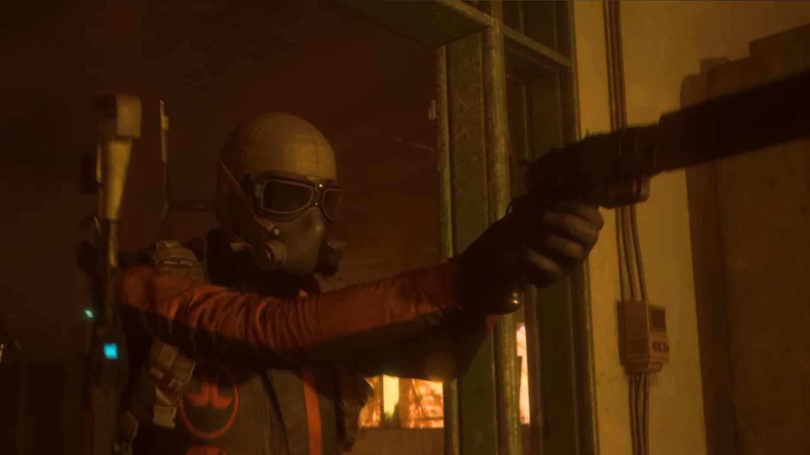 A masked raider entering the room with their gun drawn in Arc Raiders.