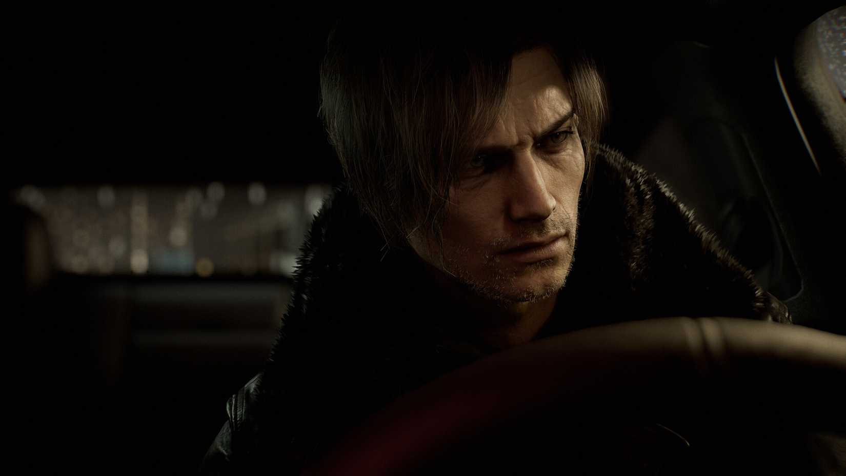 Leon Kennedy drives a car towards the Rhodes Hill facility in Resident Evil Requiem.