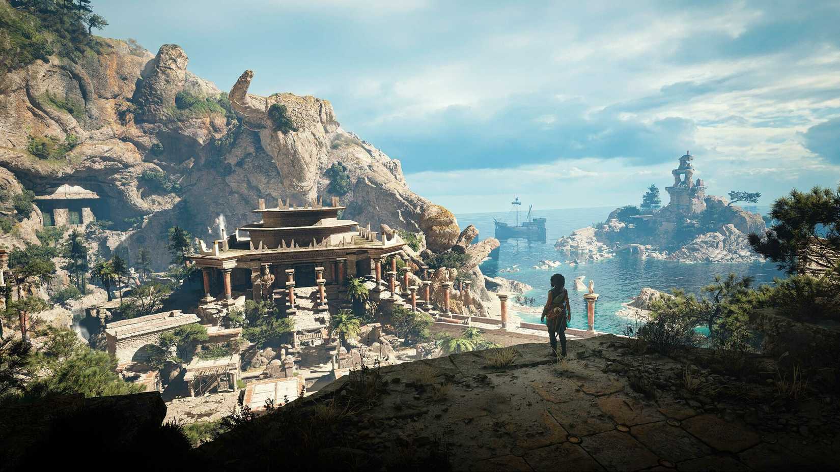 Character looks out over the labyrinth on a grecian island.