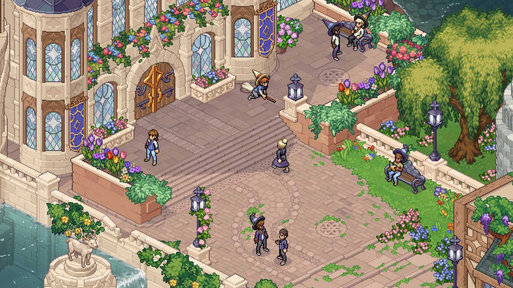 Pixelated world with wizards and witches, one is riding a broom.