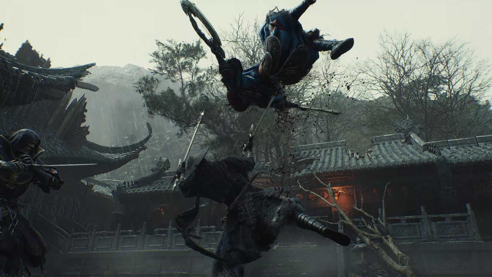 A fighter slices an enemy in the air.