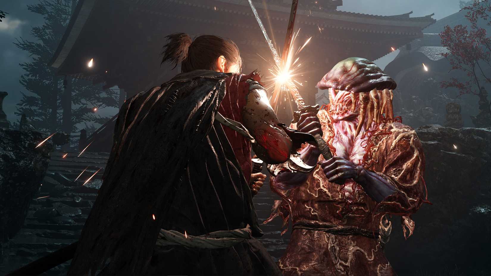 Samurai tackles an alien, sword to sword.