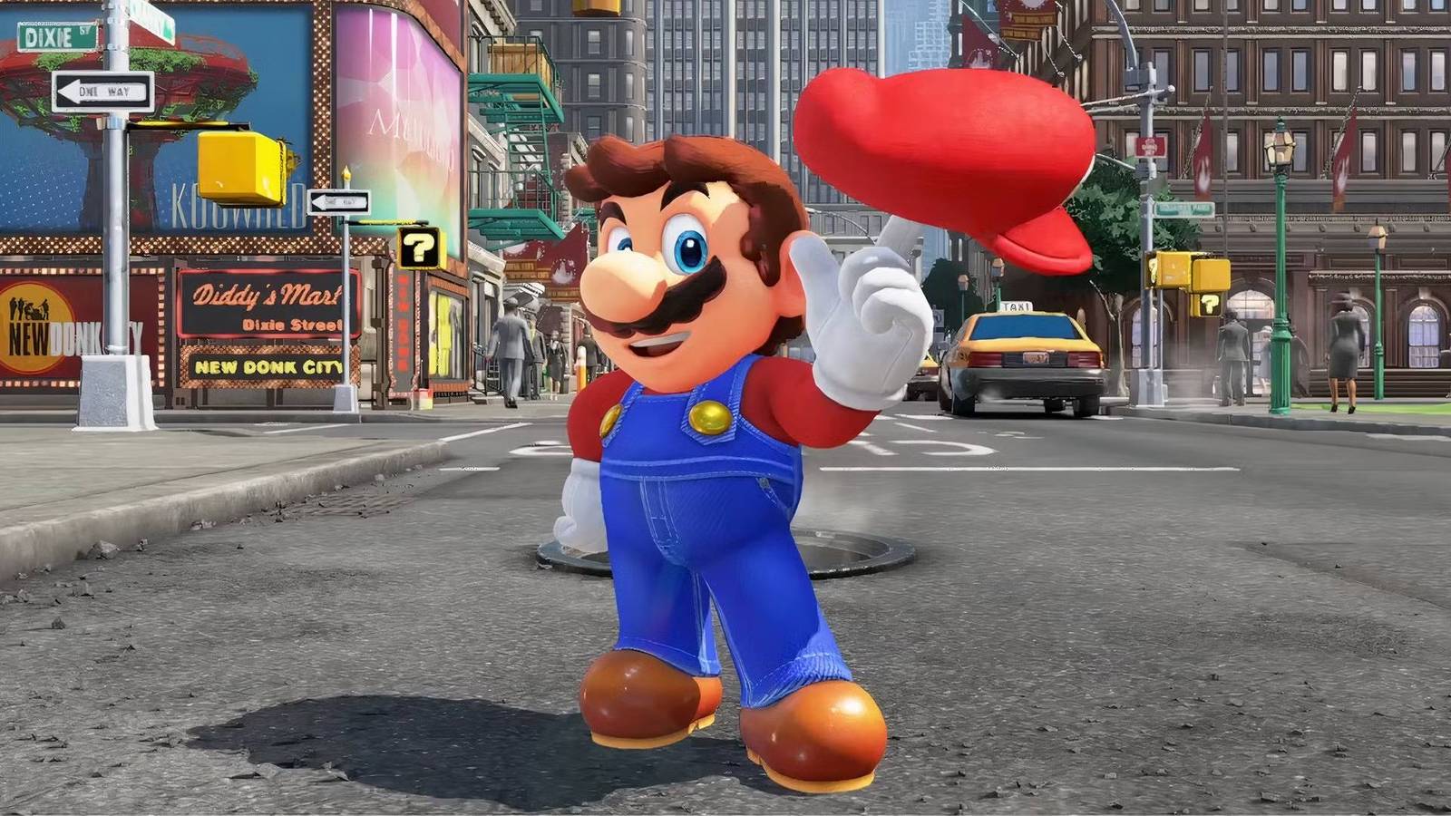 Mario twirling his hat in a city.