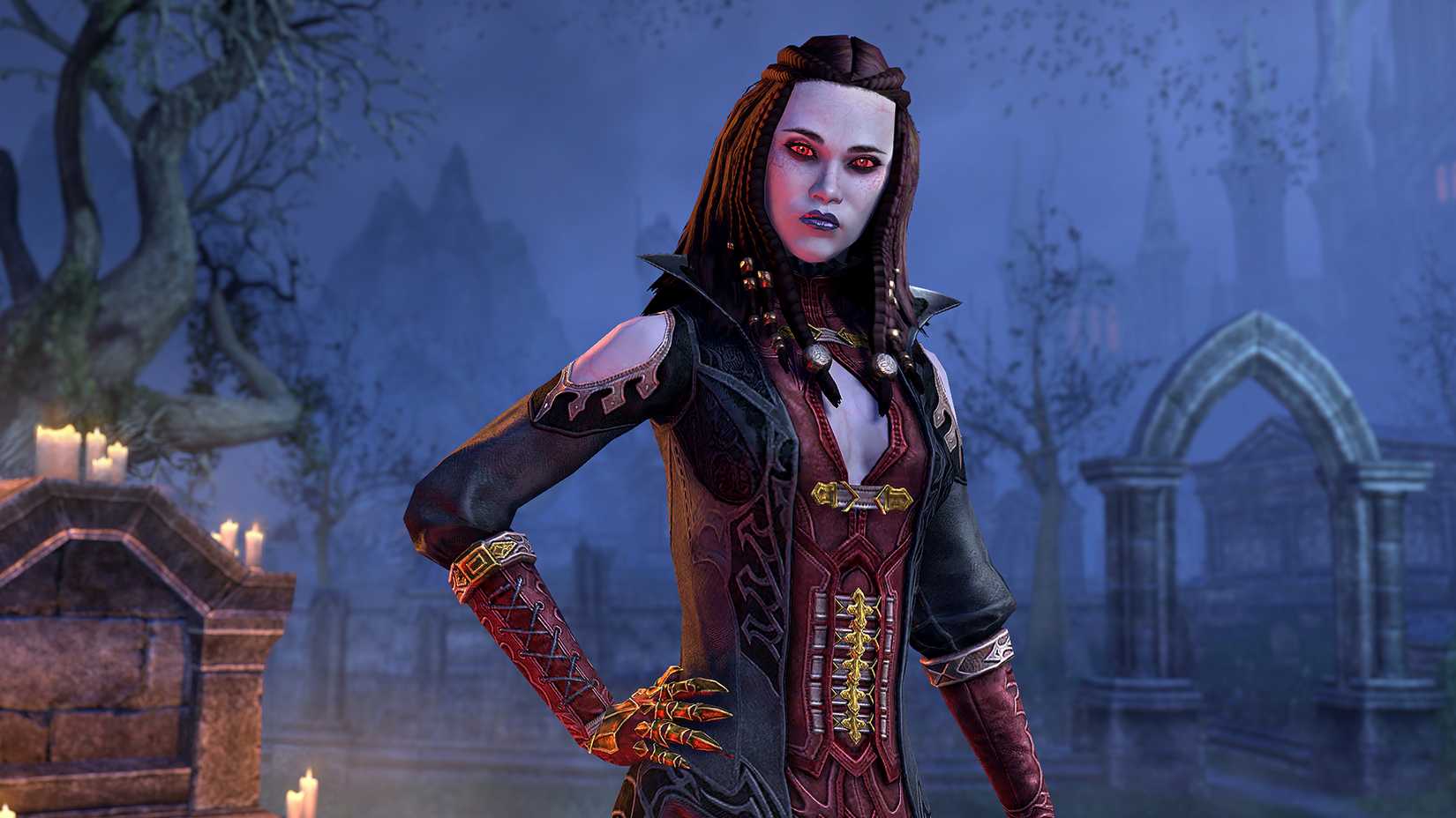 The Elder Scrolls Online vampire standing in a graveyard.