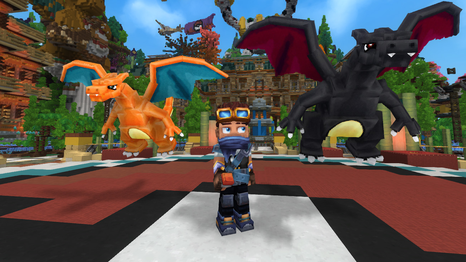 A charizard, shiny charizard, and player character in Hytale.
