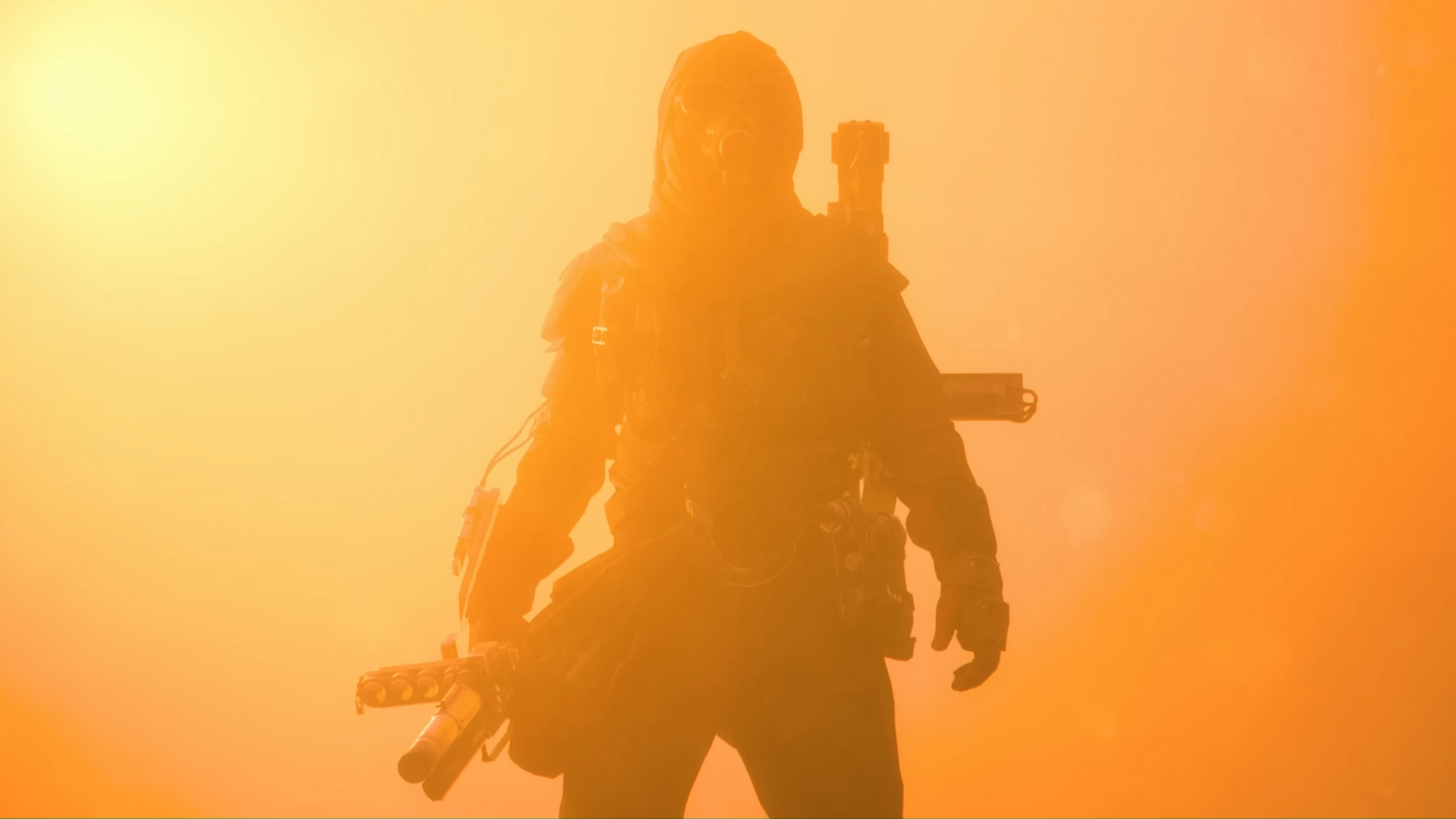 a highly detailed silhouette of a masked arc raider character against an orange background.