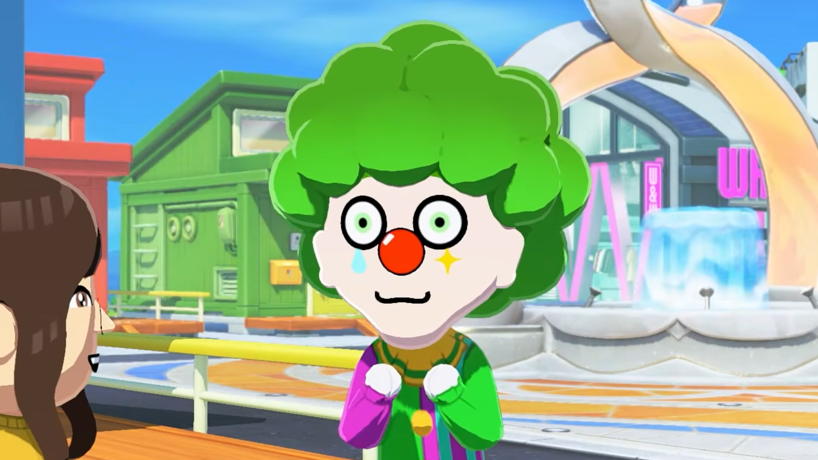 hugh morris the green haired red nosed clown from tomodachi life.