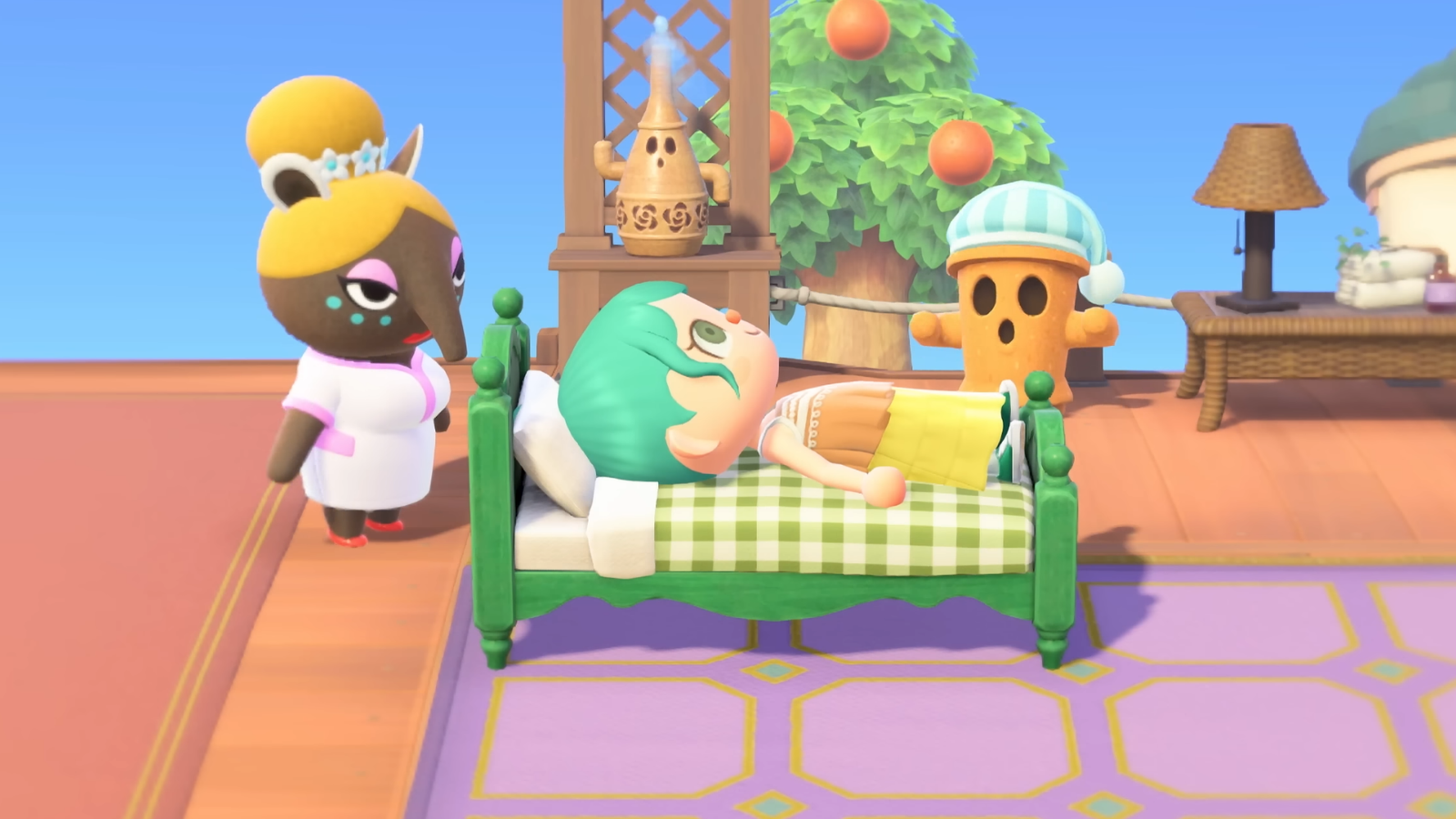 an animal crossing villager laying in a bed next to a gyroid and luna.