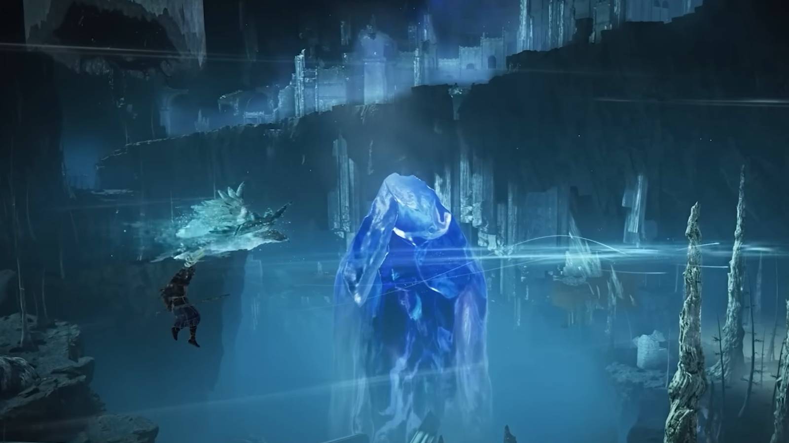 Wylder holding onto a large bird flying over a large crystal.