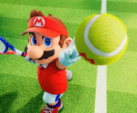 Mario in tennis kit with a racket and tennis ball.