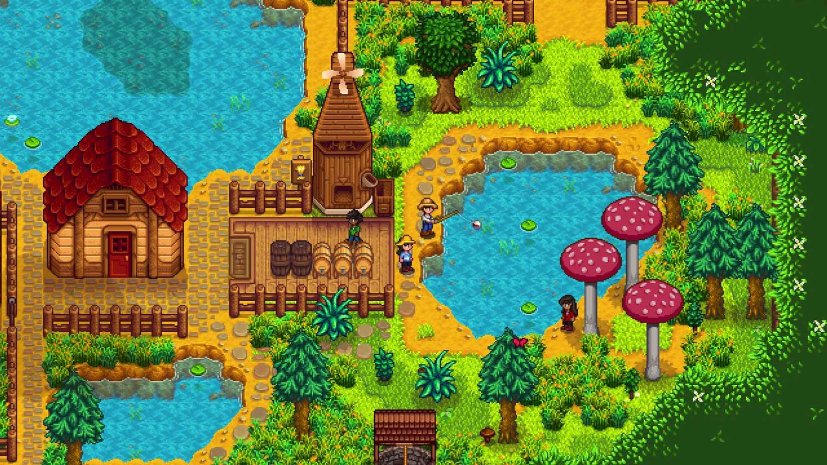 Multiplayer fishing in Stardew Valley. 