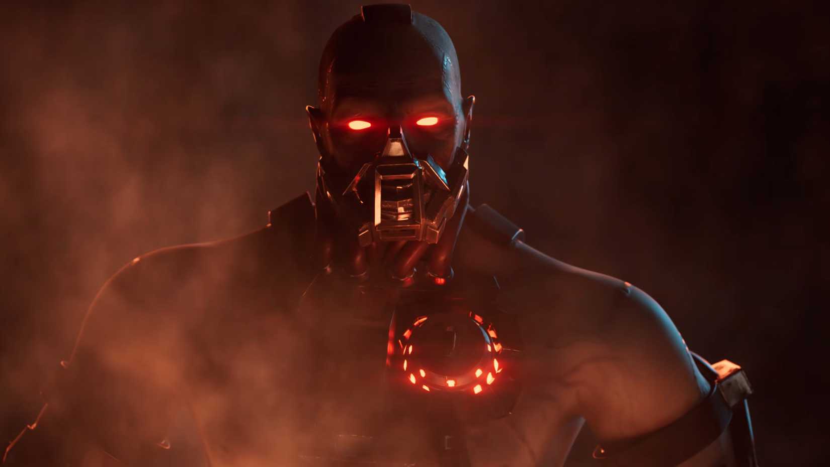 A cyborg with glowing red eyes from Helldivers 2.