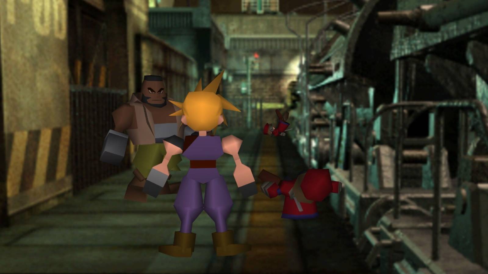 A screenshot from the original Final Fantasy 7, showing Cloud standing near Barret and several knocked out enemies.