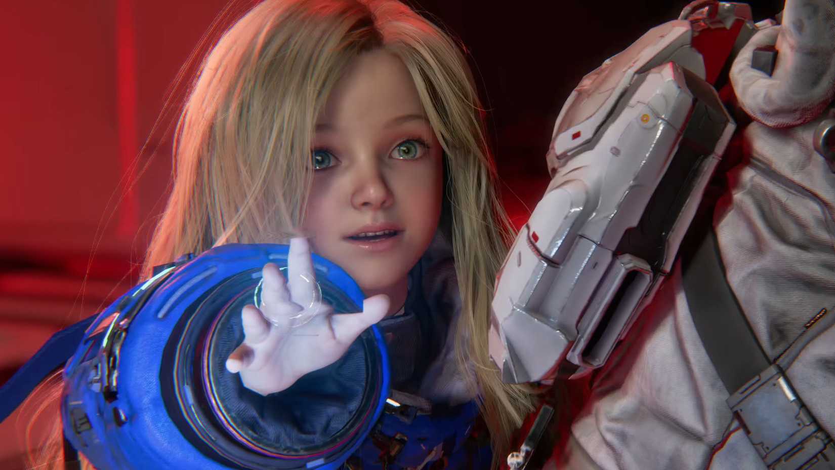 A small girl with blonde hair holding her hand out in Pragmata.