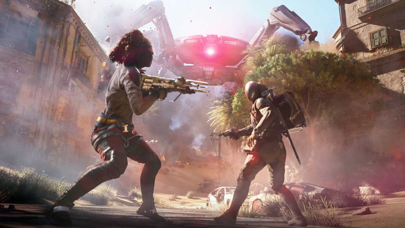 Arc Raiders Two Characters Facing Off In Front Of Robot