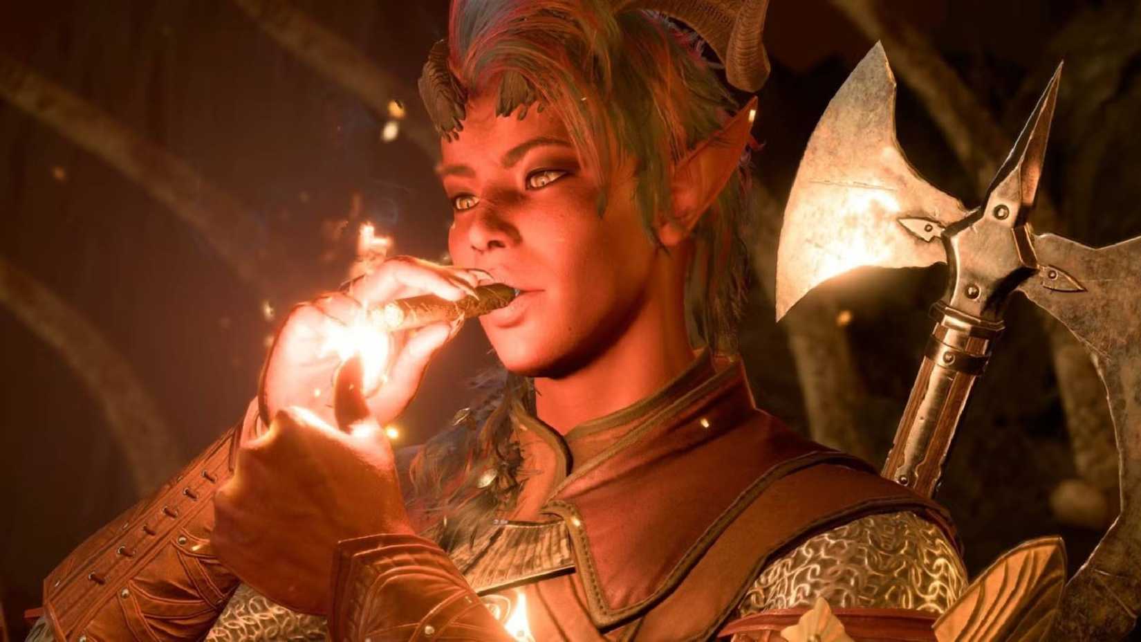 Baldur's Gate 3 image showing Karlach lighting a cigar in Avernus.