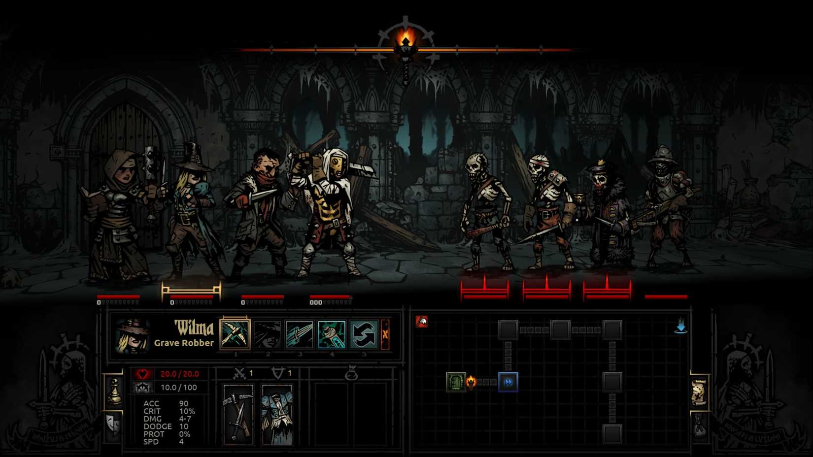 The first encounter in the dungeon of Darkest Dungeon shows a fully healed team defeating a horde of undead skeletons.