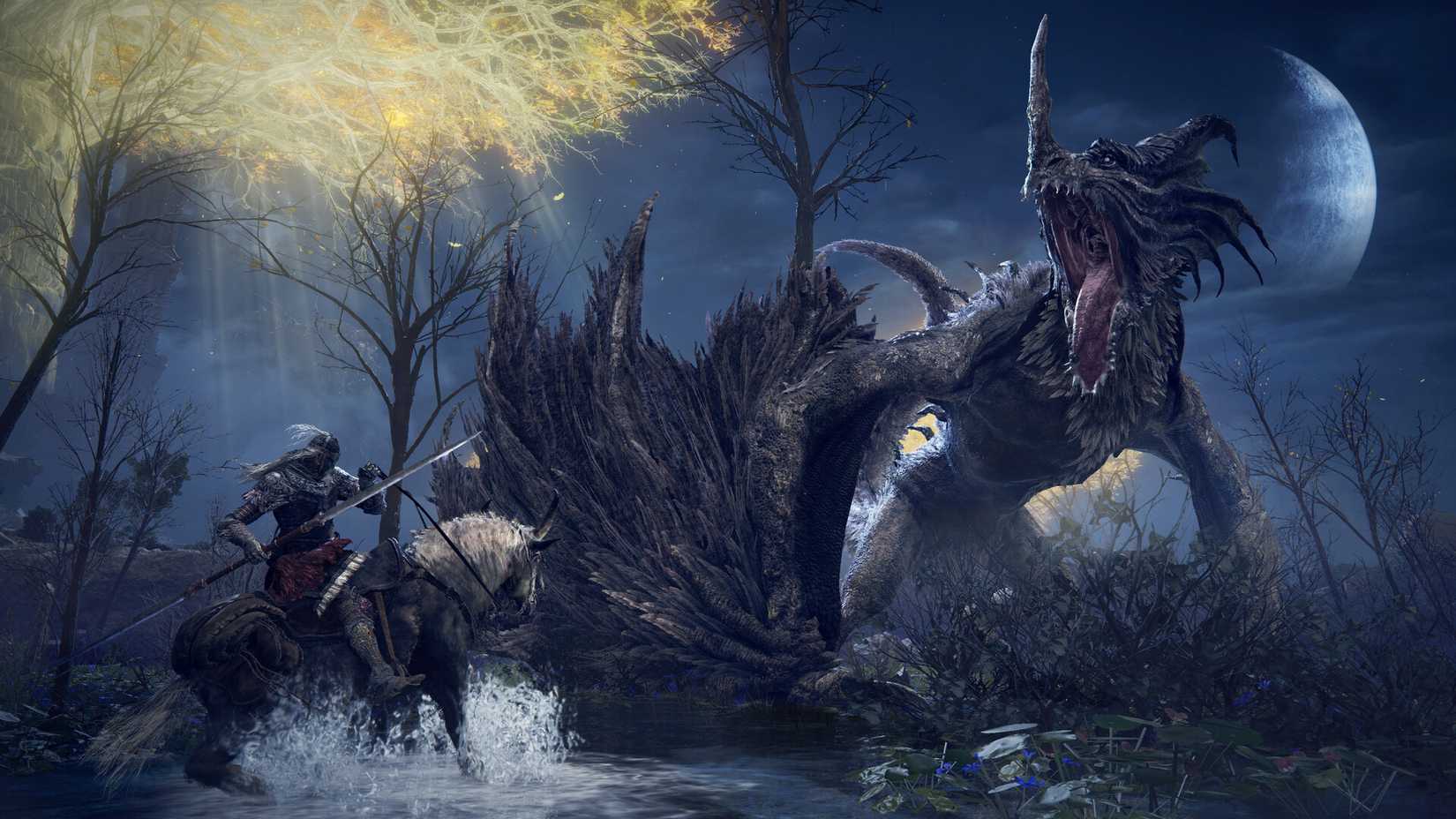 The Tarnished approaching the Flying Dragon Agheel while on the back of Torrent in Elden Ring.