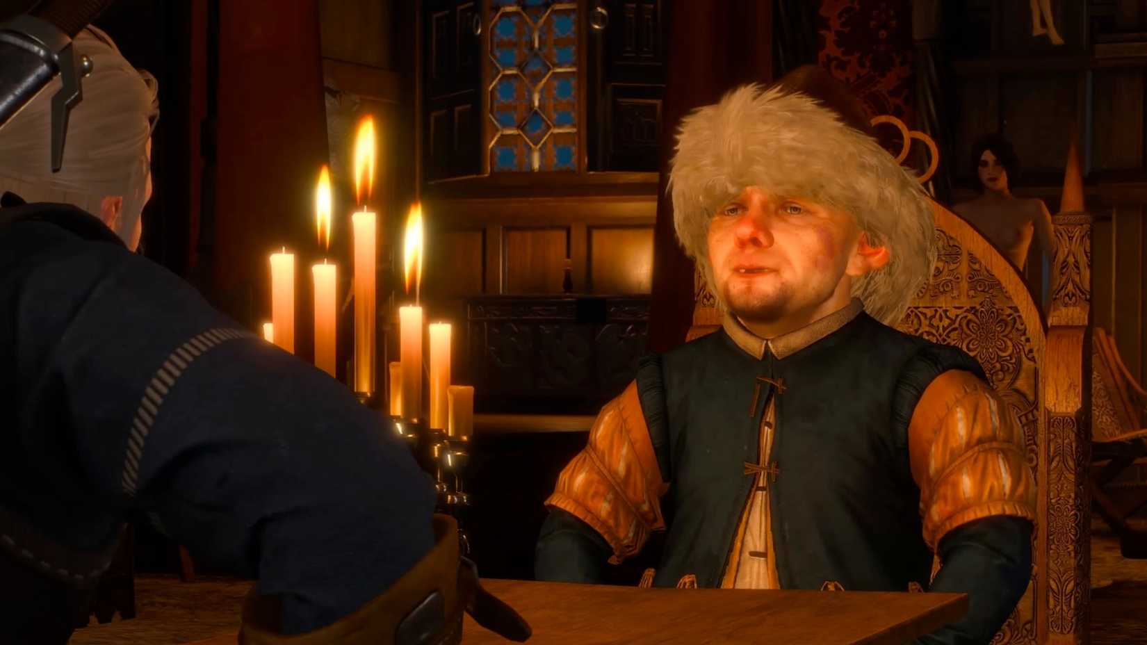 Geralt watching Bernard Tull during the Gwent Tournament in The Witcher 3.